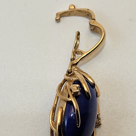 Stunning Large 14K Lapis & Diamond Pendant With Snap Close Bale Pearl Necklace - Picture 7 of 11